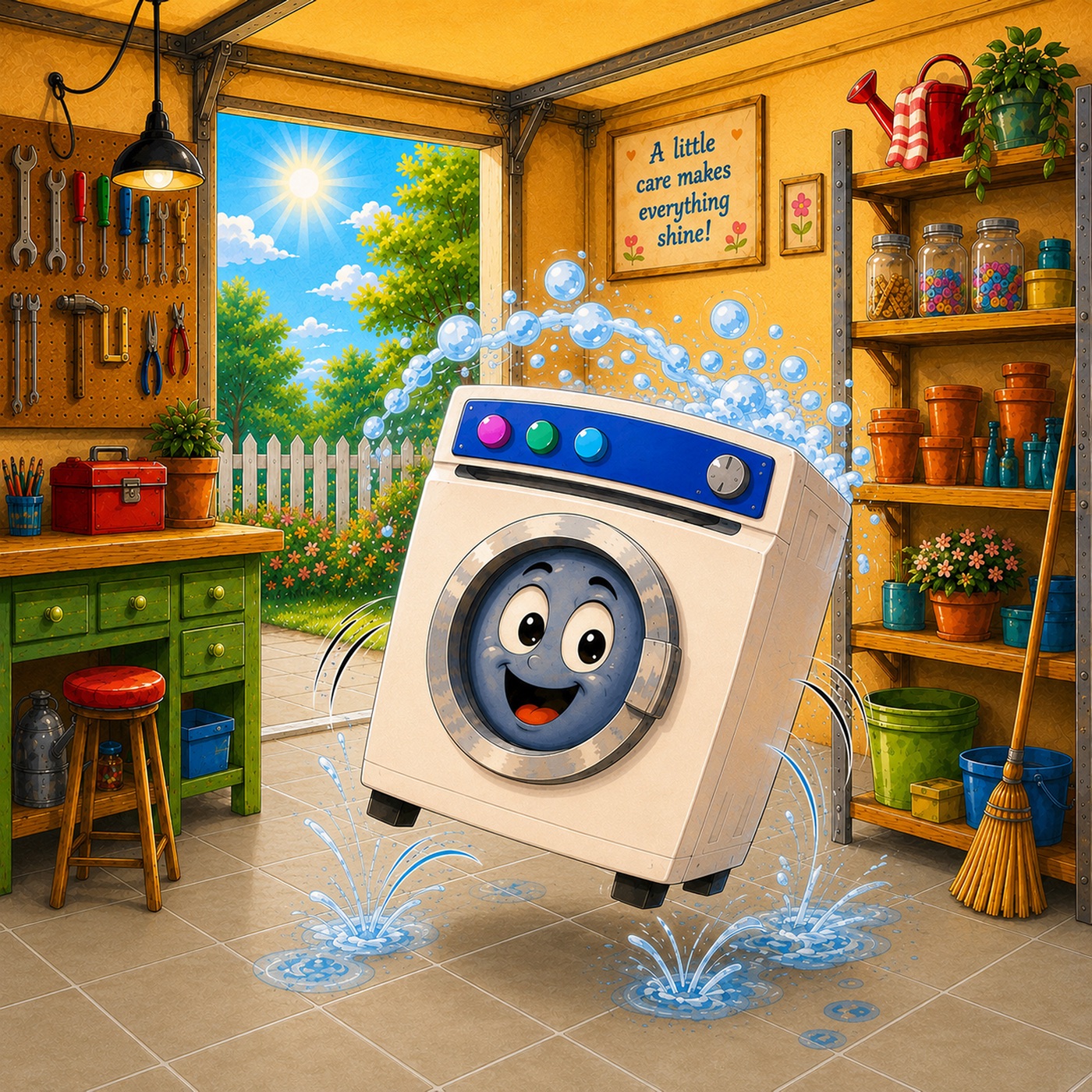 Illustrated page: the washing machine bounces across the floor