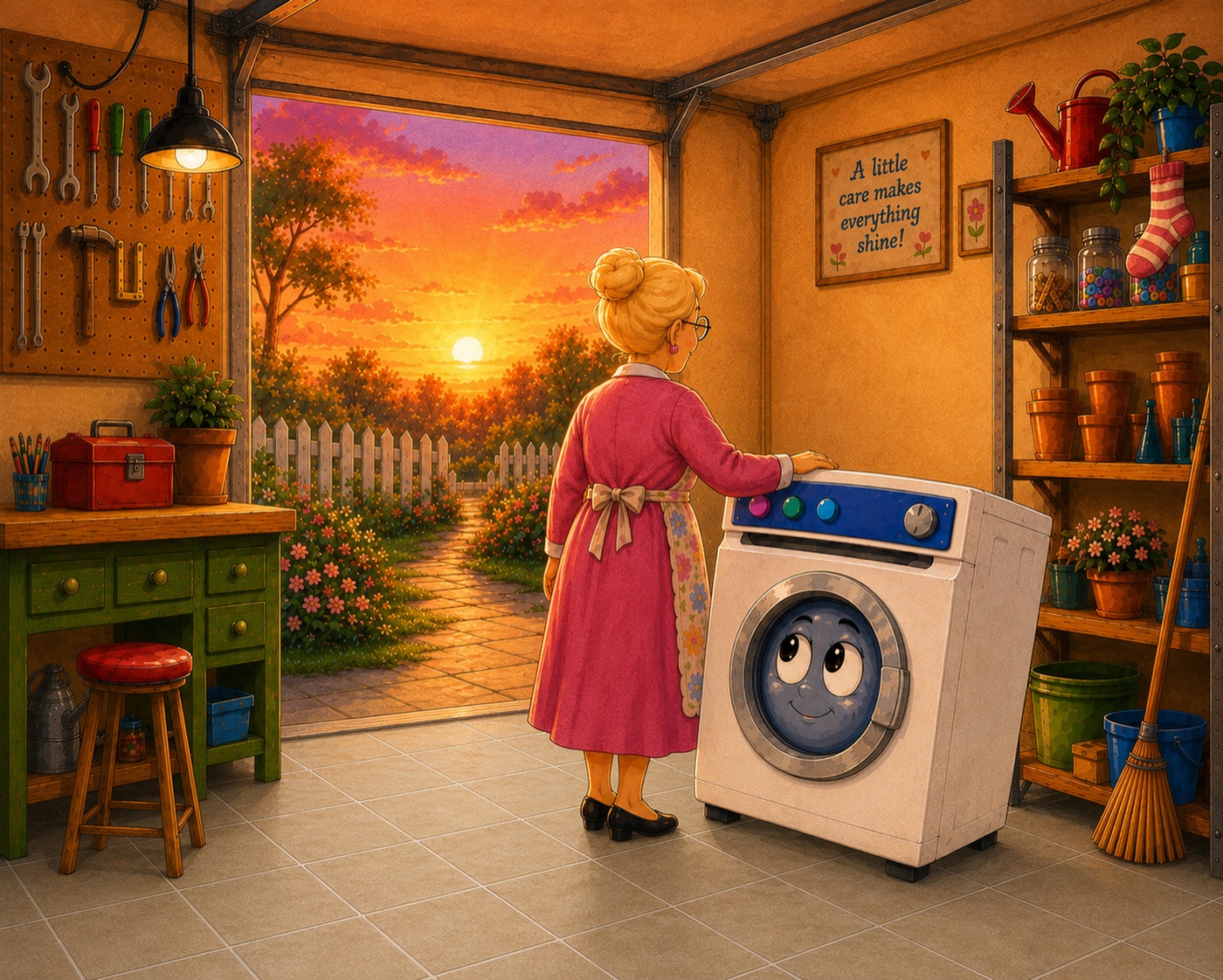 Illustrated page: Nanna and the washing machine, best of friends
