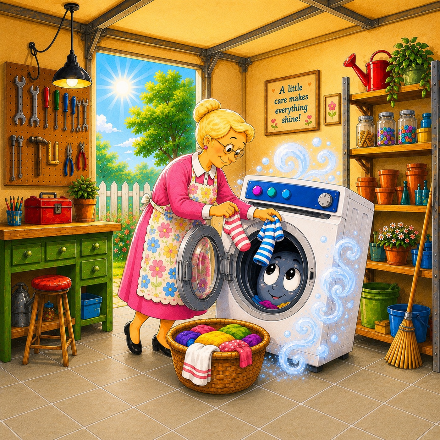 Illustrated page: wash day in Nanna's tiled garage